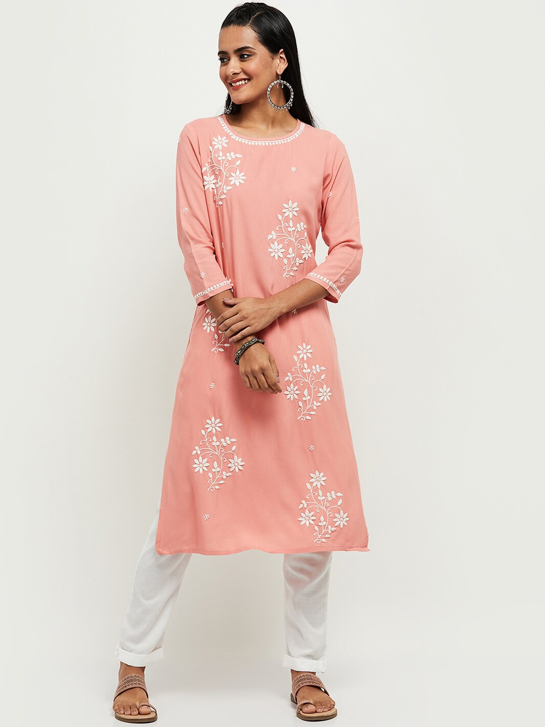 

max Women Peach-Coloured Floral Embroidered Kurta