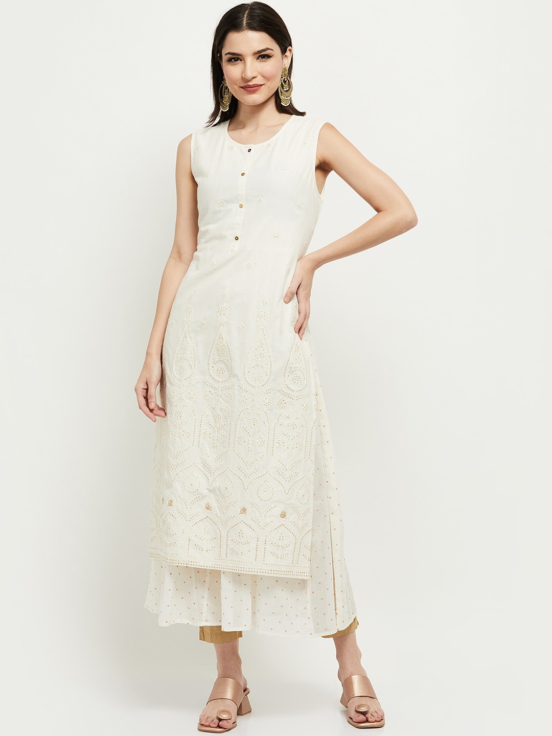 

max Women Off White Embroidered Pure Cotton A-Line Kurta