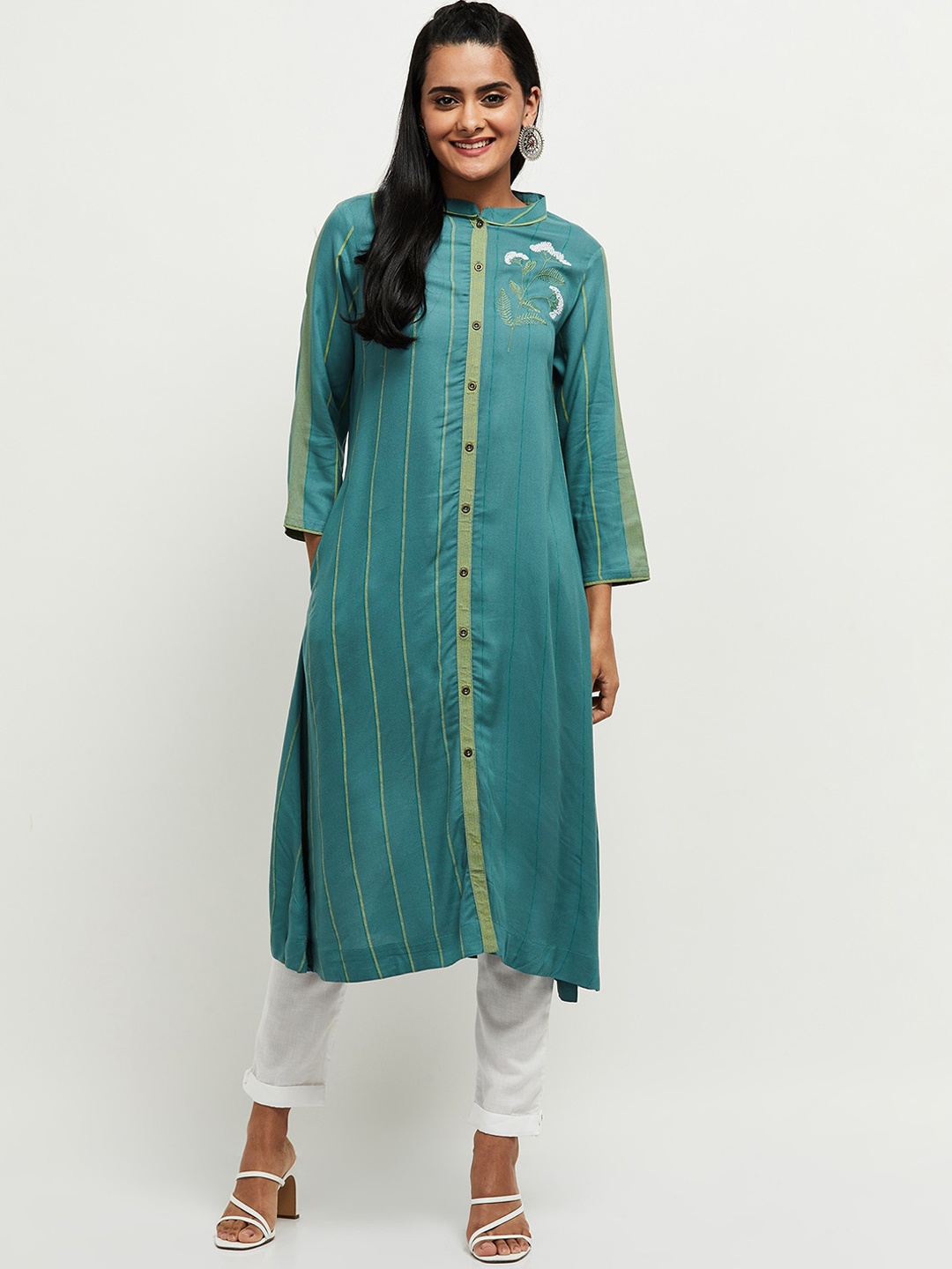 

max Women Teal Striped Thread Work Kurta
