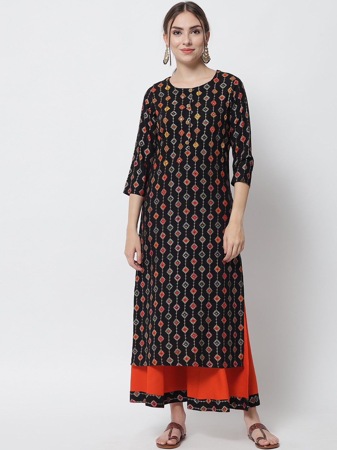 

Pankvi Women Black Ethnic Motifs Printed Beads and Stones Kurta with Palazzos