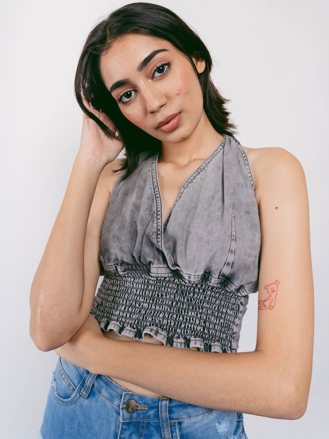 

FREAKINS Grey Solid Crop Top