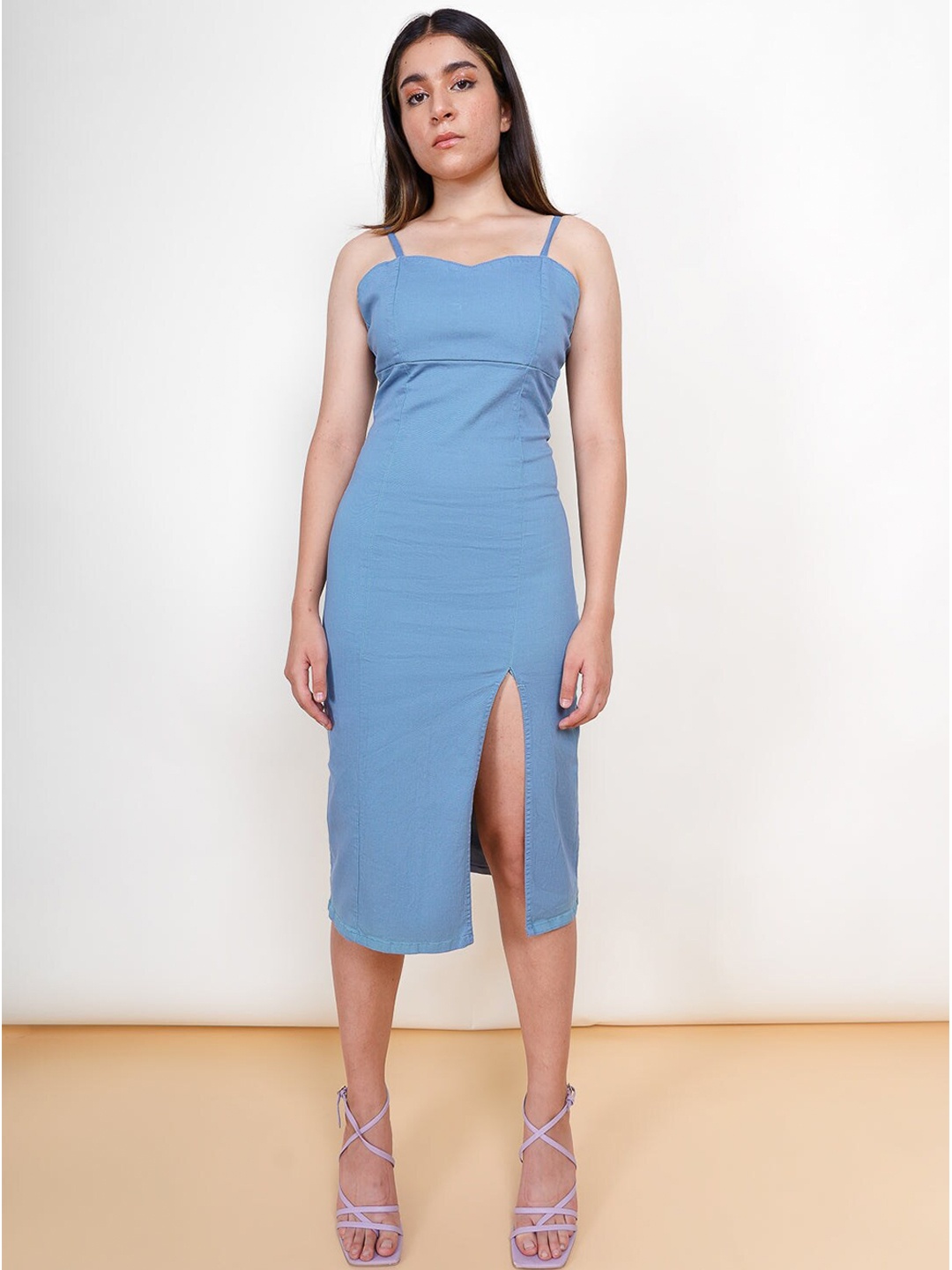 

FREAKINS Women Blue Solid Shoulder Straps Cotton Bodycon Dress