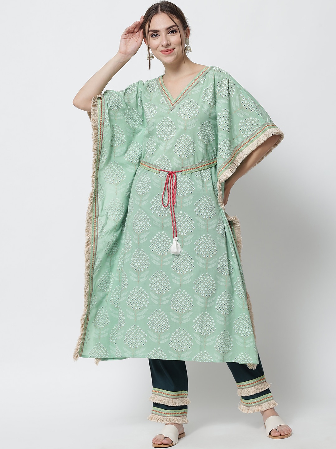 

Pankvi Women Sea Green Ethnic Motifs Printed Sequinned Pure Cotton Kurta with Trousers