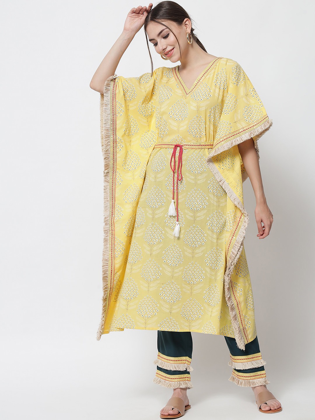 

Pankvi Women Yellow Floral Printed Pure Cotton Kaftan Kurta with Trousers