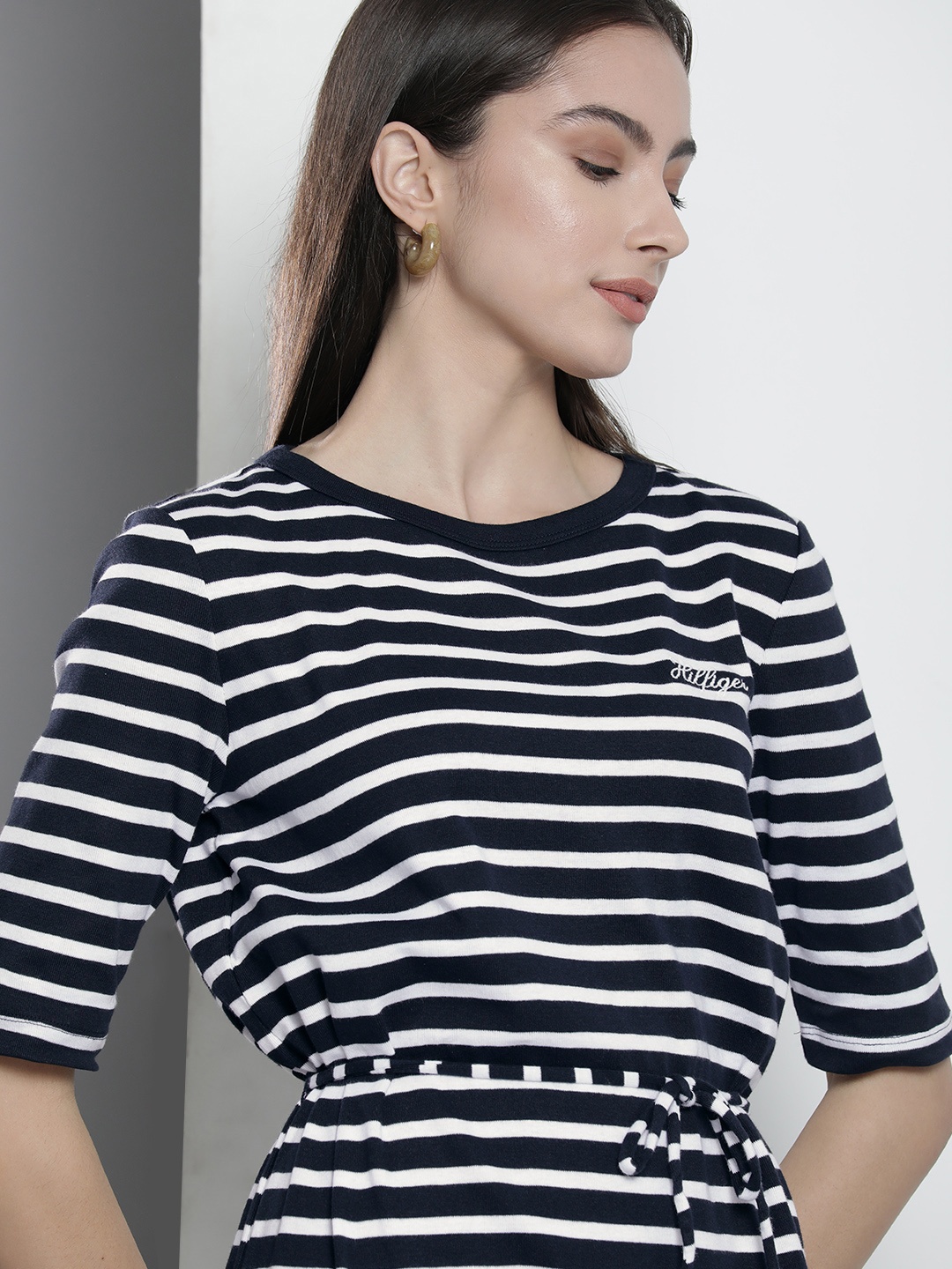 

Tommy Hilfiger Navy Blue & White Striped Pure Cotton A-Line Dress