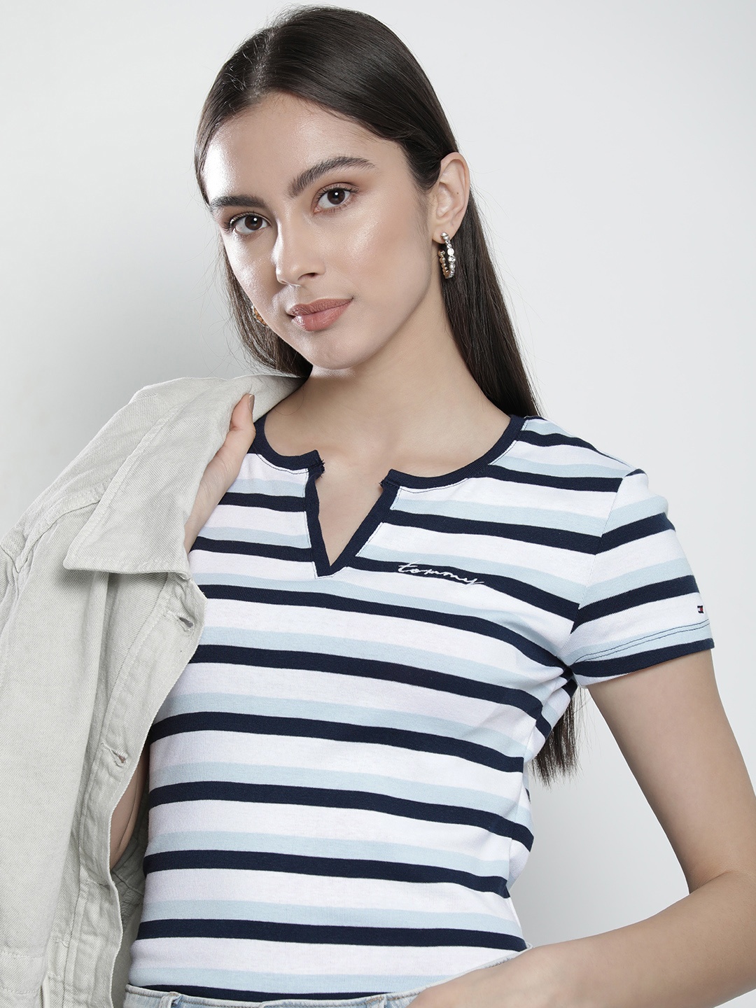

Tommy Hilfiger Women Navy Blue & White Striped Henley Neck Pure Cotton T-shirt