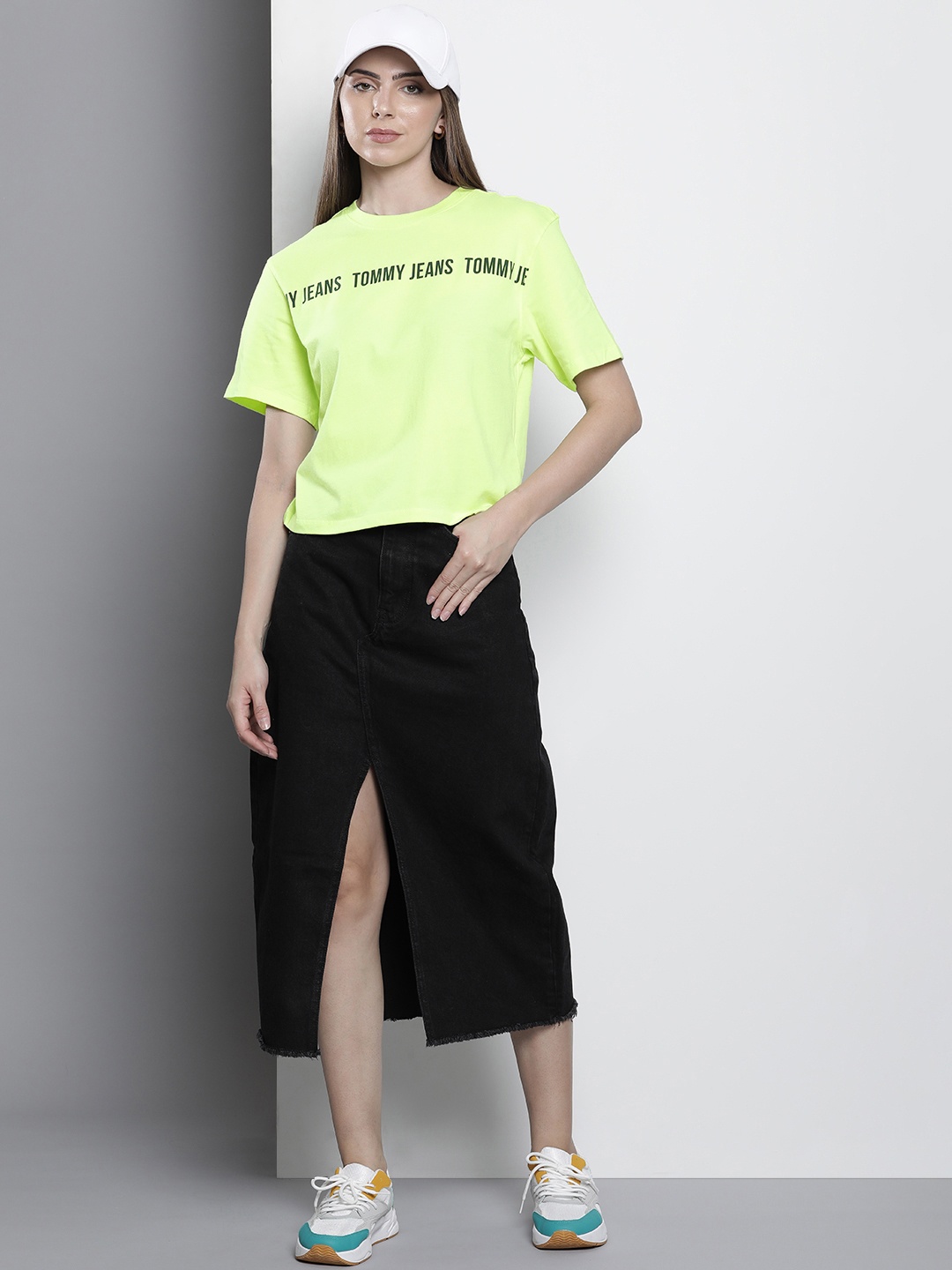 

Tommy Hilfiger Women Typography Printed Pure Cotton T-shirt, Fluorescent green
