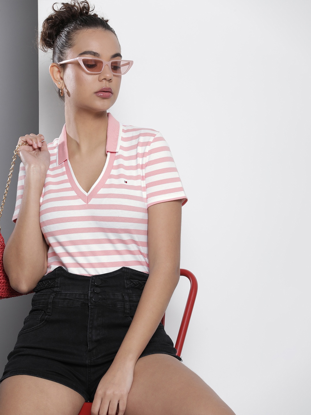 

Tommy Hilfiger Women Pink Striped Polo Collar T-shirt