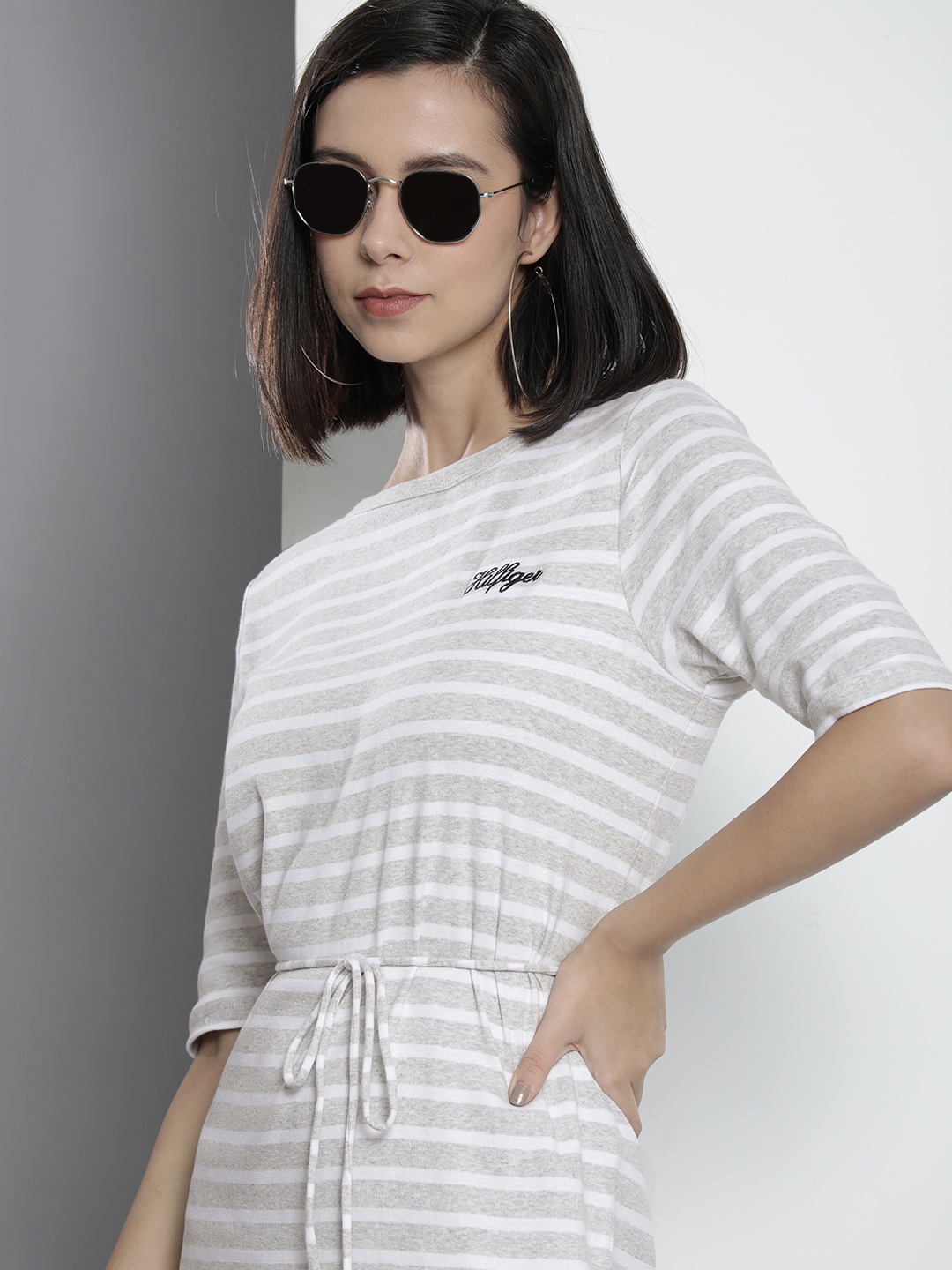 

Tommy Hilfiger Grey & White Striped A-Line Pure Cotton Dress