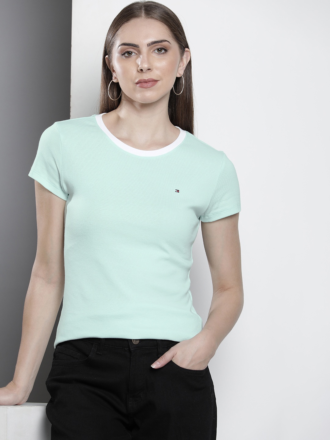 

Tommy Hilfiger Women Solid Pure Cotton T-shirt, Green