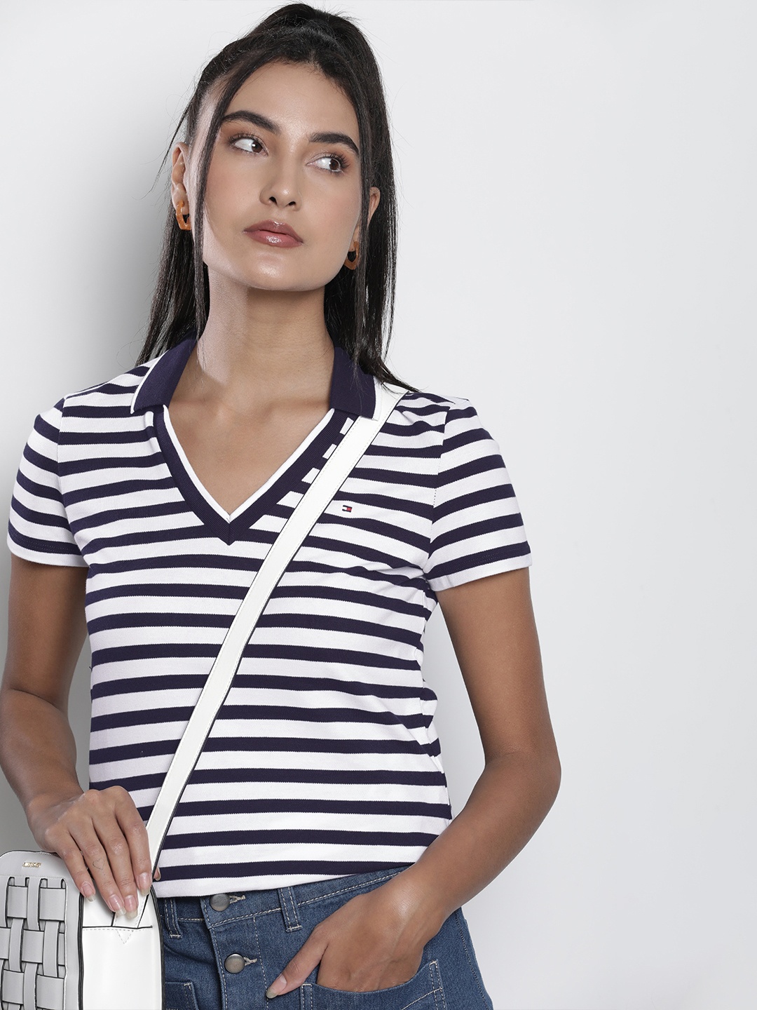 

Tommy Hilfiger Women Navy Blue & White Striped Polo Collar T-shirt