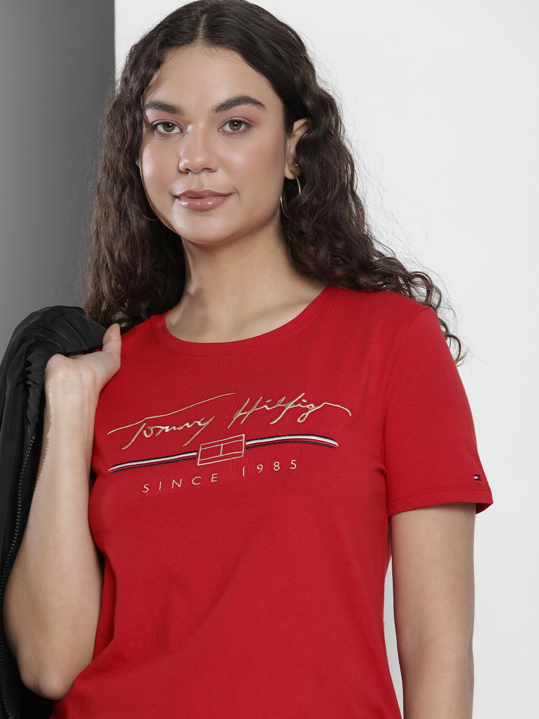 

Tommy Hilfiger Women Brand Logo Embroidered Pure Cotton T-shirt, Red