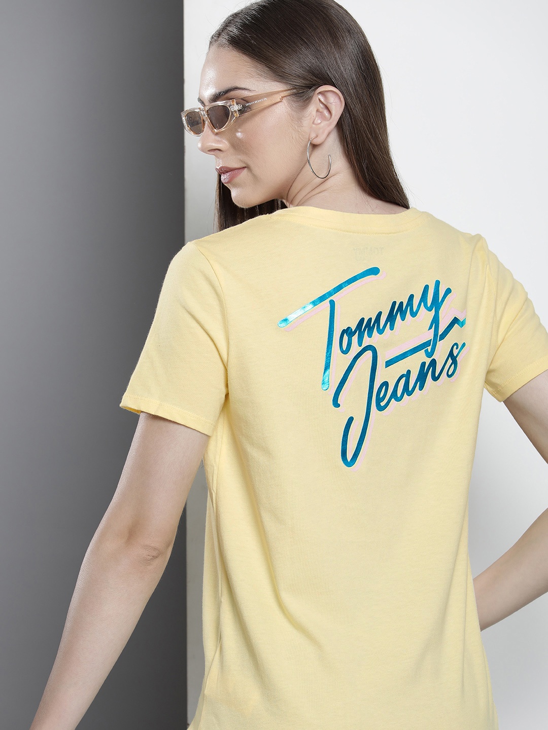 

Tommy Hilfiger Round Neck Typography Printed V-Neck Pure Cotton T-shirt, Yellow