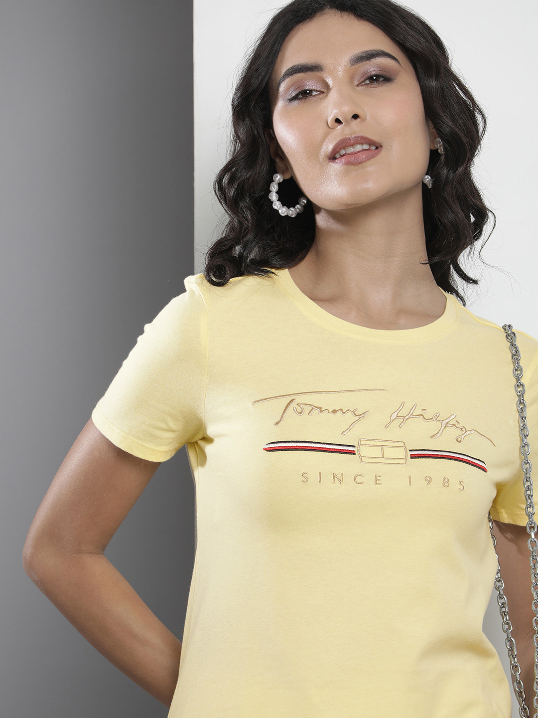 

Tommy Hilfiger Women Pure Cotton Brand Logo Printed T-shirt, Yellow