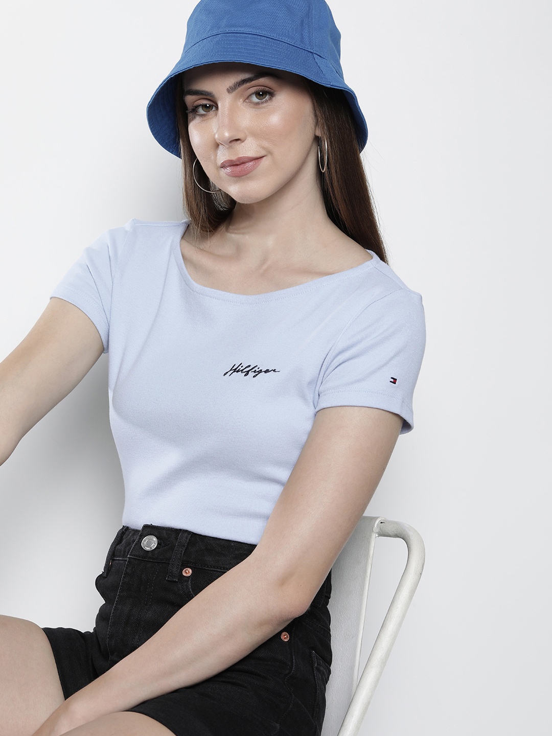 

Tommy Hilfiger Round Neck Typography Embroidered Detail Pure Cotton T-shirt, Blue