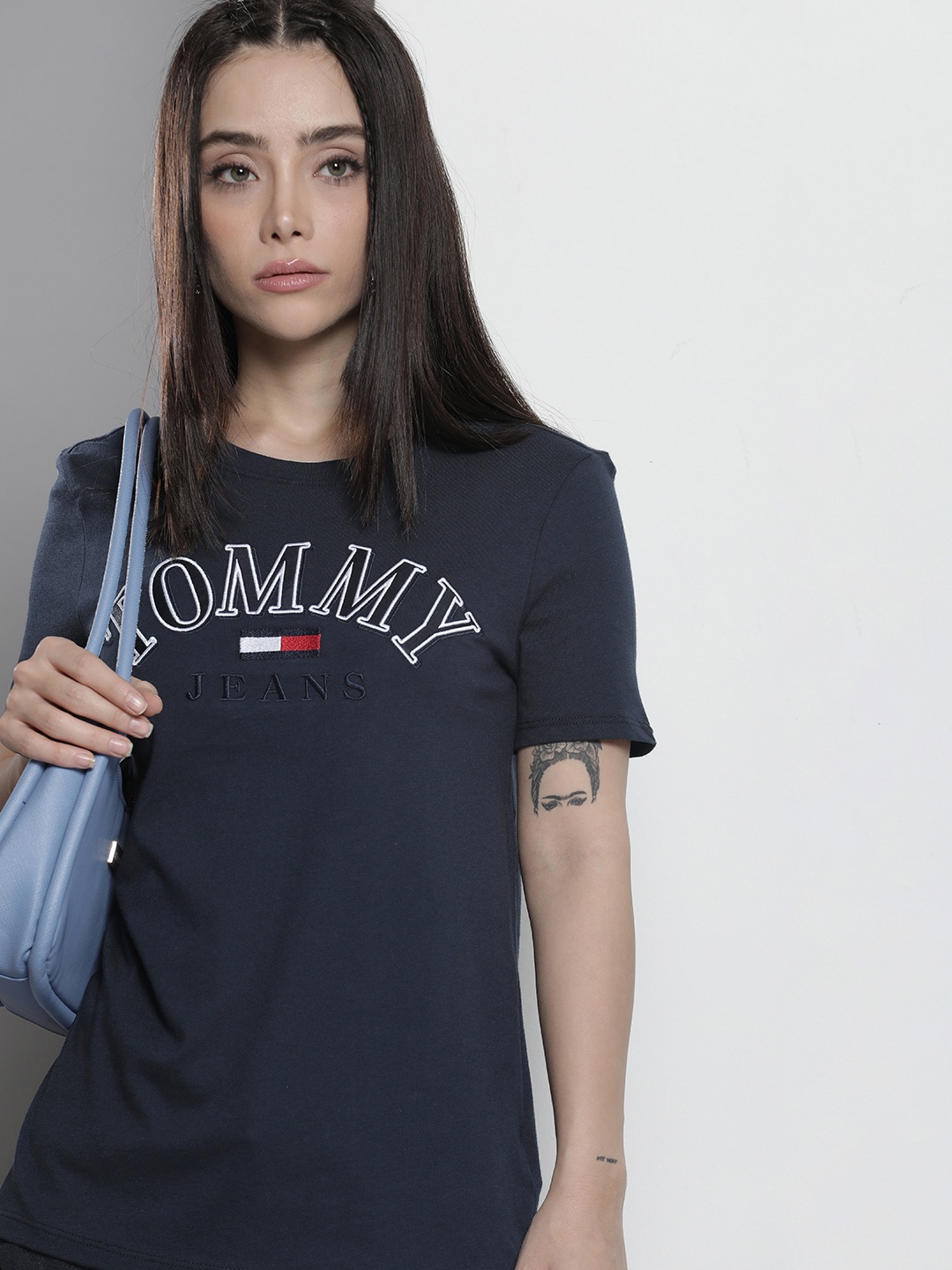 

Tommy Hilfiger Women Pure Cotton Brand Logo Printed T-shirt, Navy blue