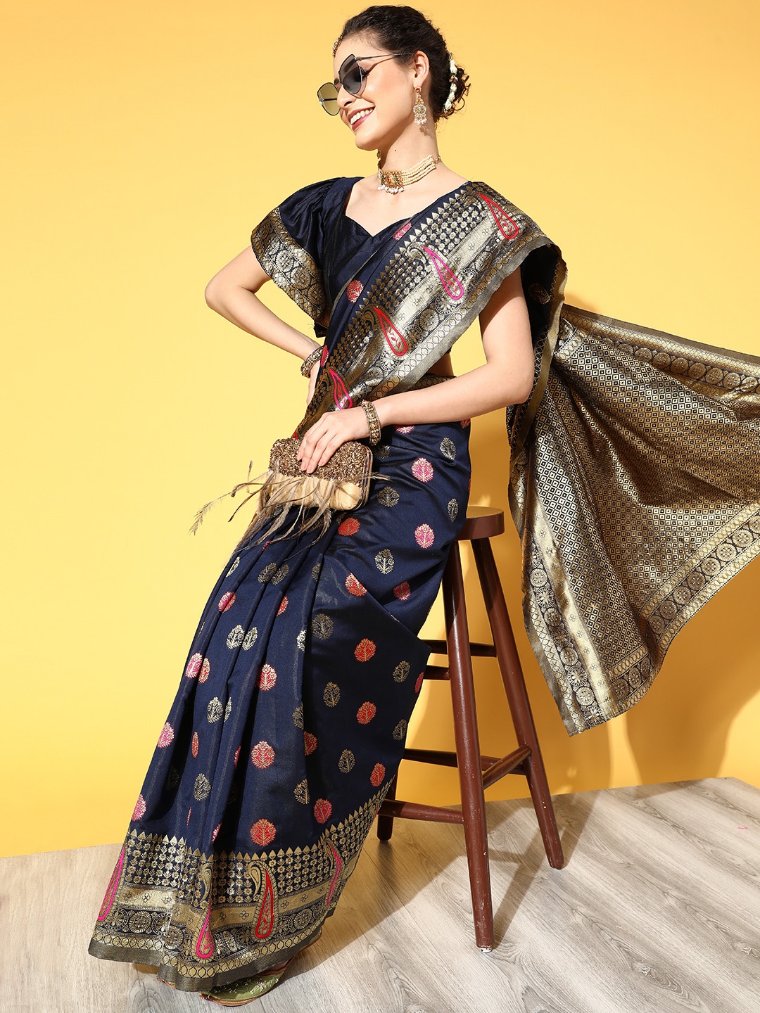 

Saree mall Navy Blue Woven Design Banarasi Saree