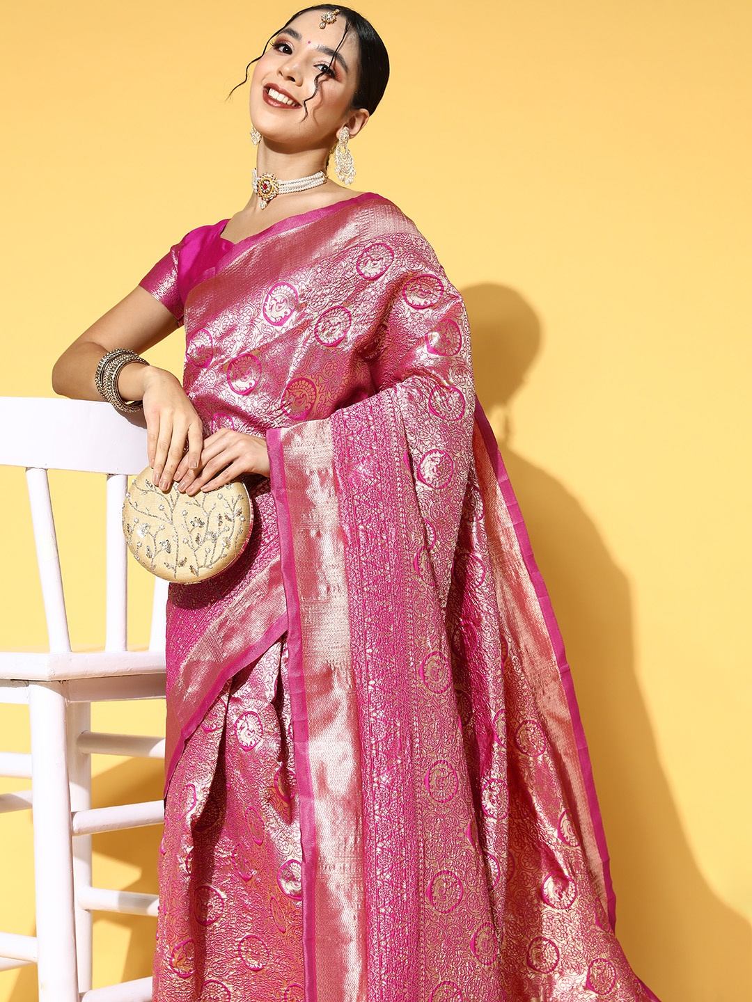

Saree mall Pink & Gold-Toned Ethnic Motifs Zari Silk Blend Banarasi Sarees