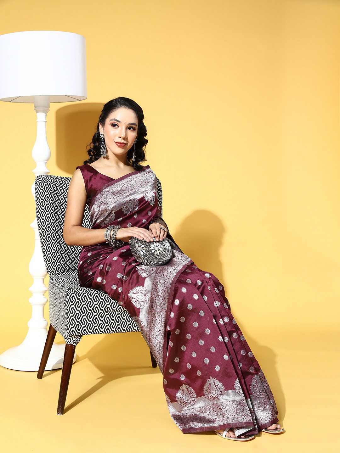 

Saree mall Magenta Floral Zari Silk Blend Banarasi Sarees