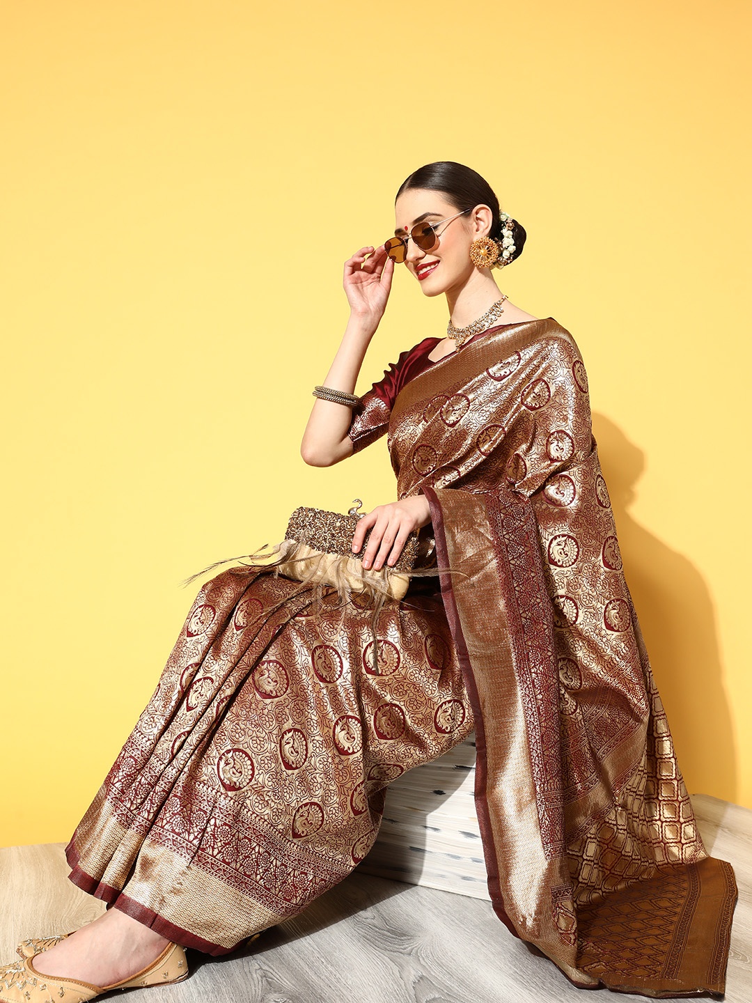

Saree mall Maroon & Golden Woven Design Banarasi Saree