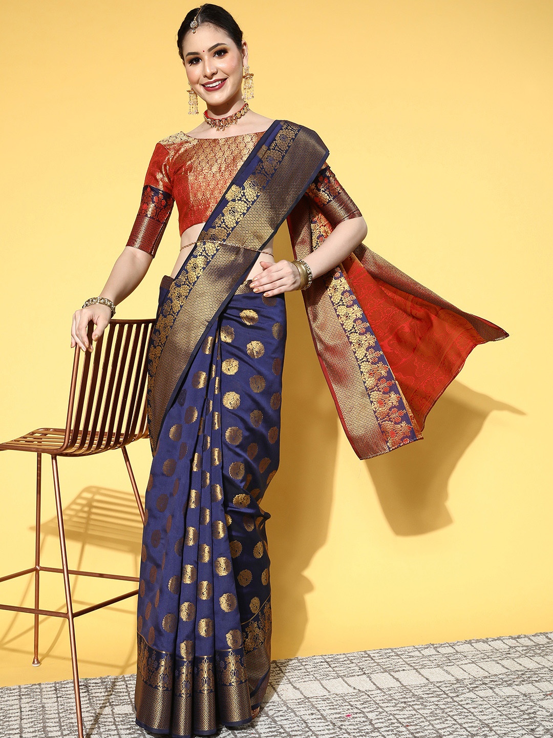 

Saree mall Ethnic Motifs Saree With Woven Design Border, Navy blue