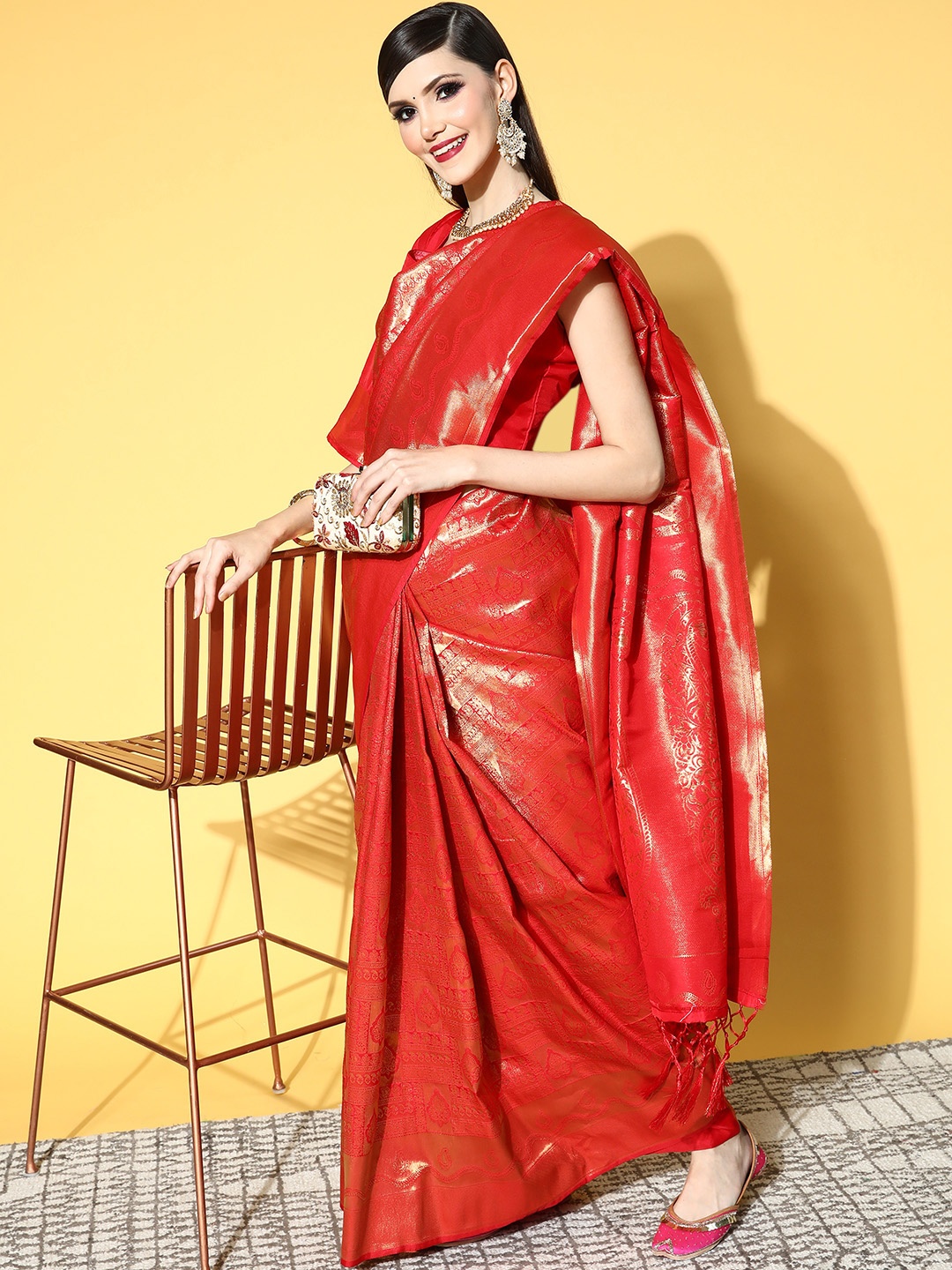 

Saree mall Ethnic Motifs Saree With Woven Design Border, Red