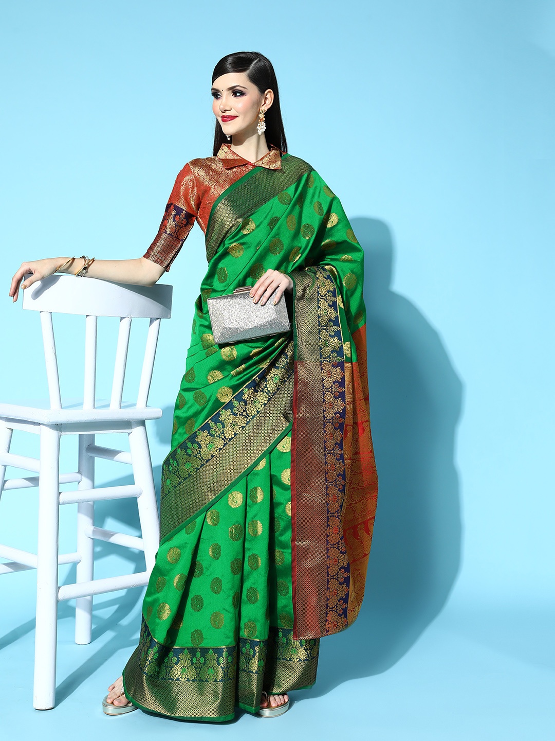 

Saree mall Ethnic Motifs Saree With Woven Design Border, Green