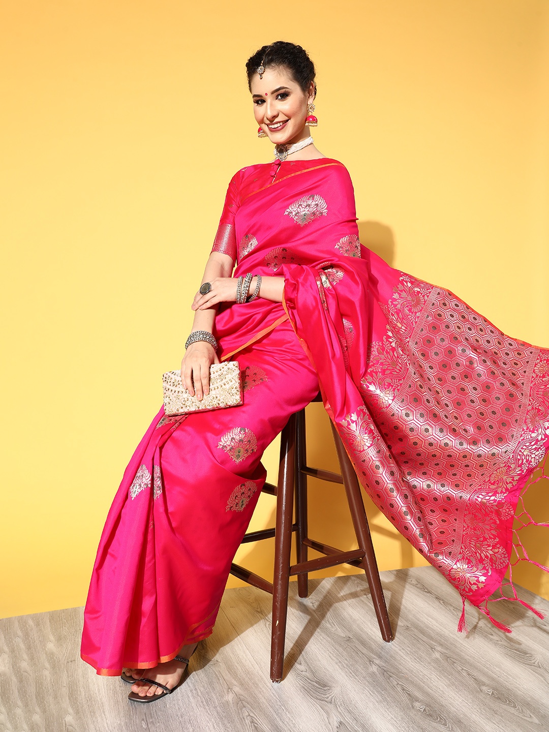 

Saree mall Pink & Golden Woven Design Banarasi Saree