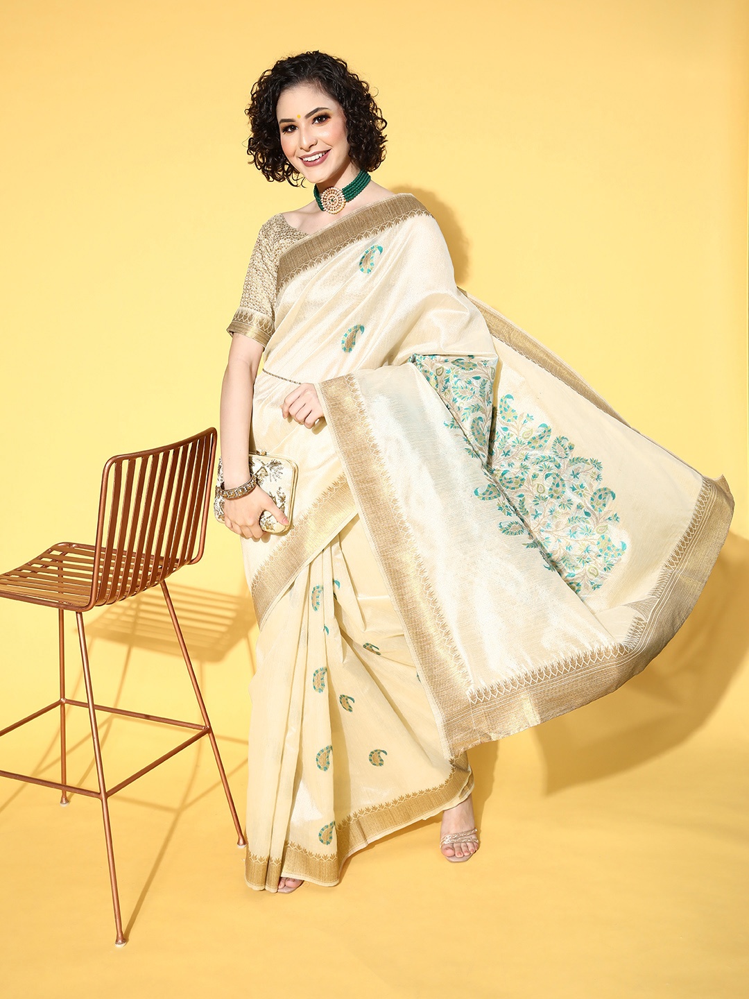 

Saree mall Ethnic Motifs Saree With Woven Design Border, Beige