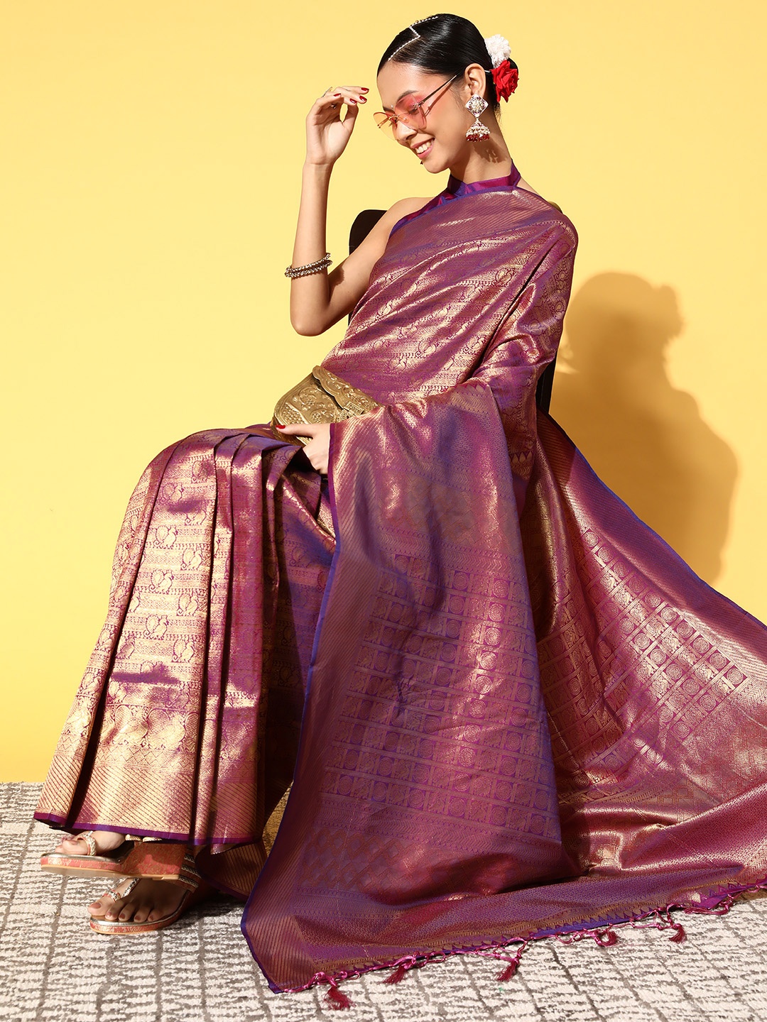 

Saree mall Purple & Golden Woven Design Banarasi Saree