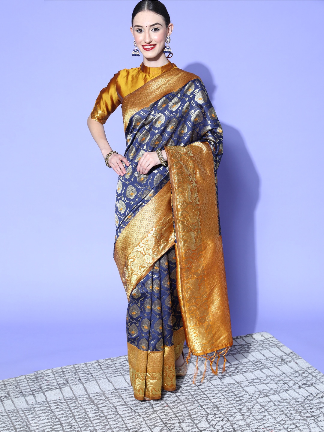 

Saree mall Navy Blue & Gold-Toned Ethnic Motifs Zari Silk Blend Banarasi Sarees