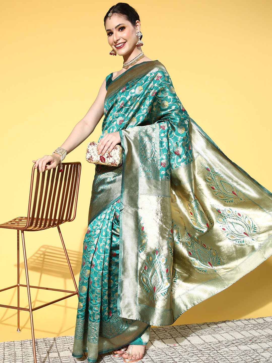 

Saree mall Ethnic Motifs Saree With Woven Design Border, Teal