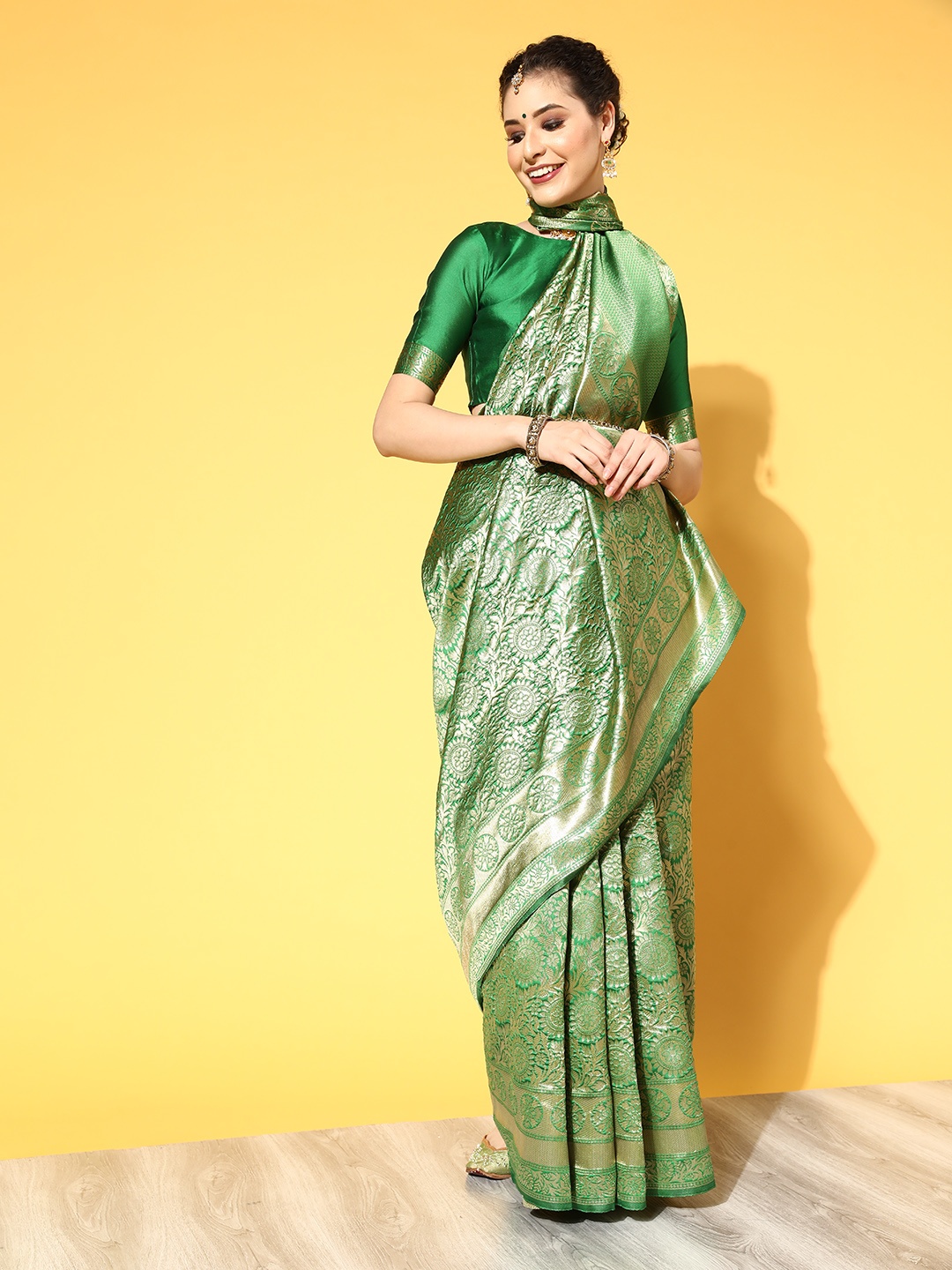 

Saree mall Green & Golden Woven Design Banarasi Saree