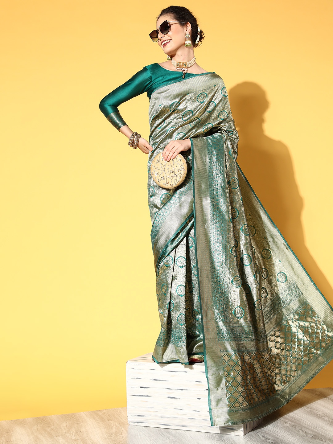 

Saree mall Teal Green & Golden Woven Design Banarasi Saree