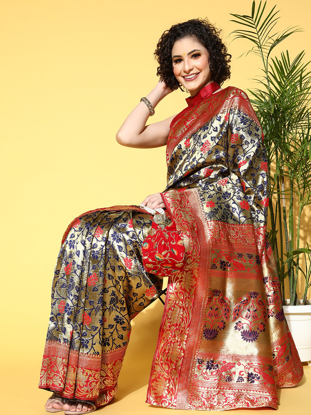 

Saree mall Floral Saree With Woven Design Border, Gold