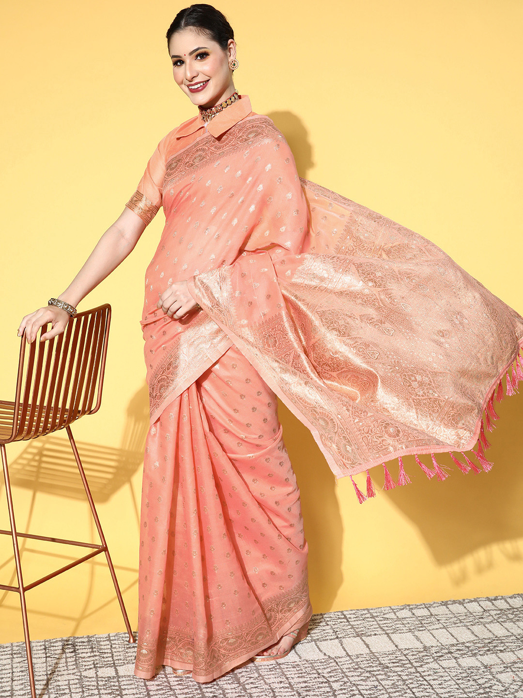 

Saree mall Ethnic Motifs Saree With Woven Design Border, Peach