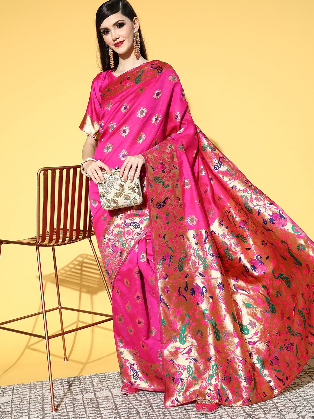 

Saree mall Ethnic Motifs Saree With Woven Design Border, Pink