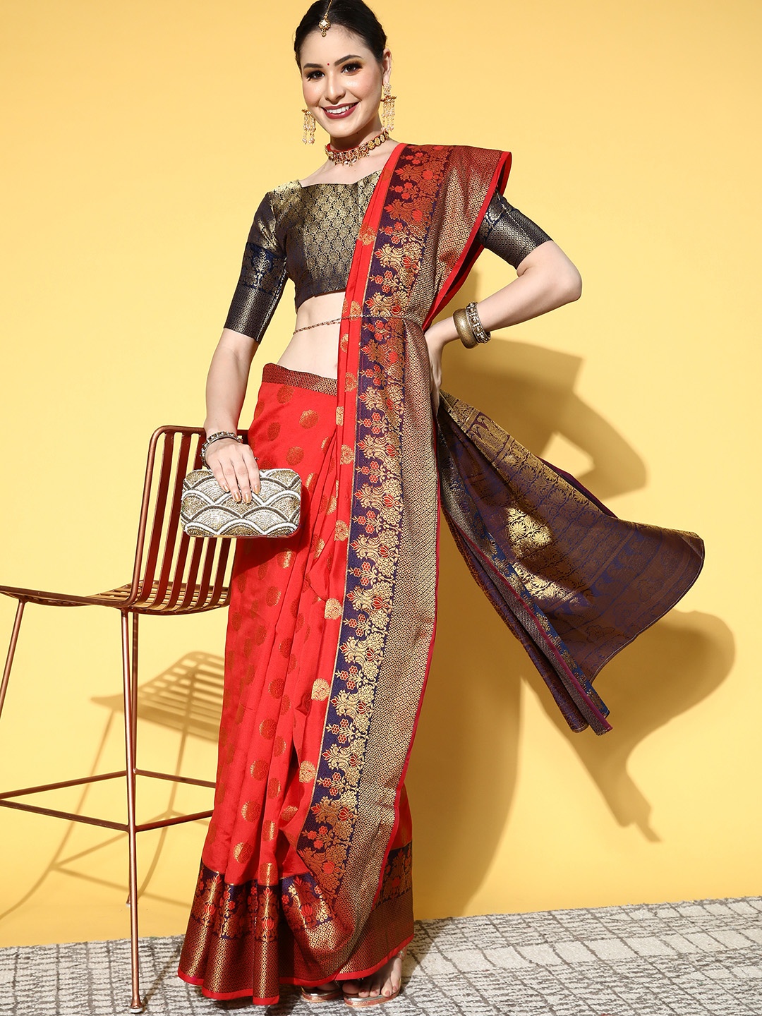 

Saree mall Ethnic Motifs Saree With Woven Design Border, Red