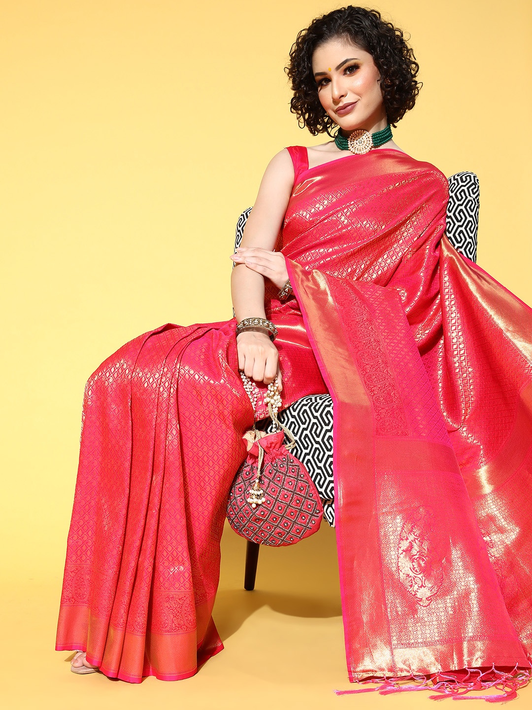 

Saree mall Paisley Saree With Woven Design Border, Pink