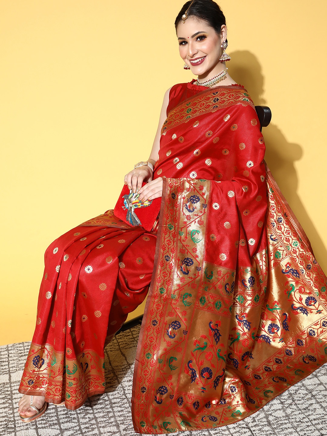 

Saree mall Ethnic Motifs Saree With Woven Design Border, Red