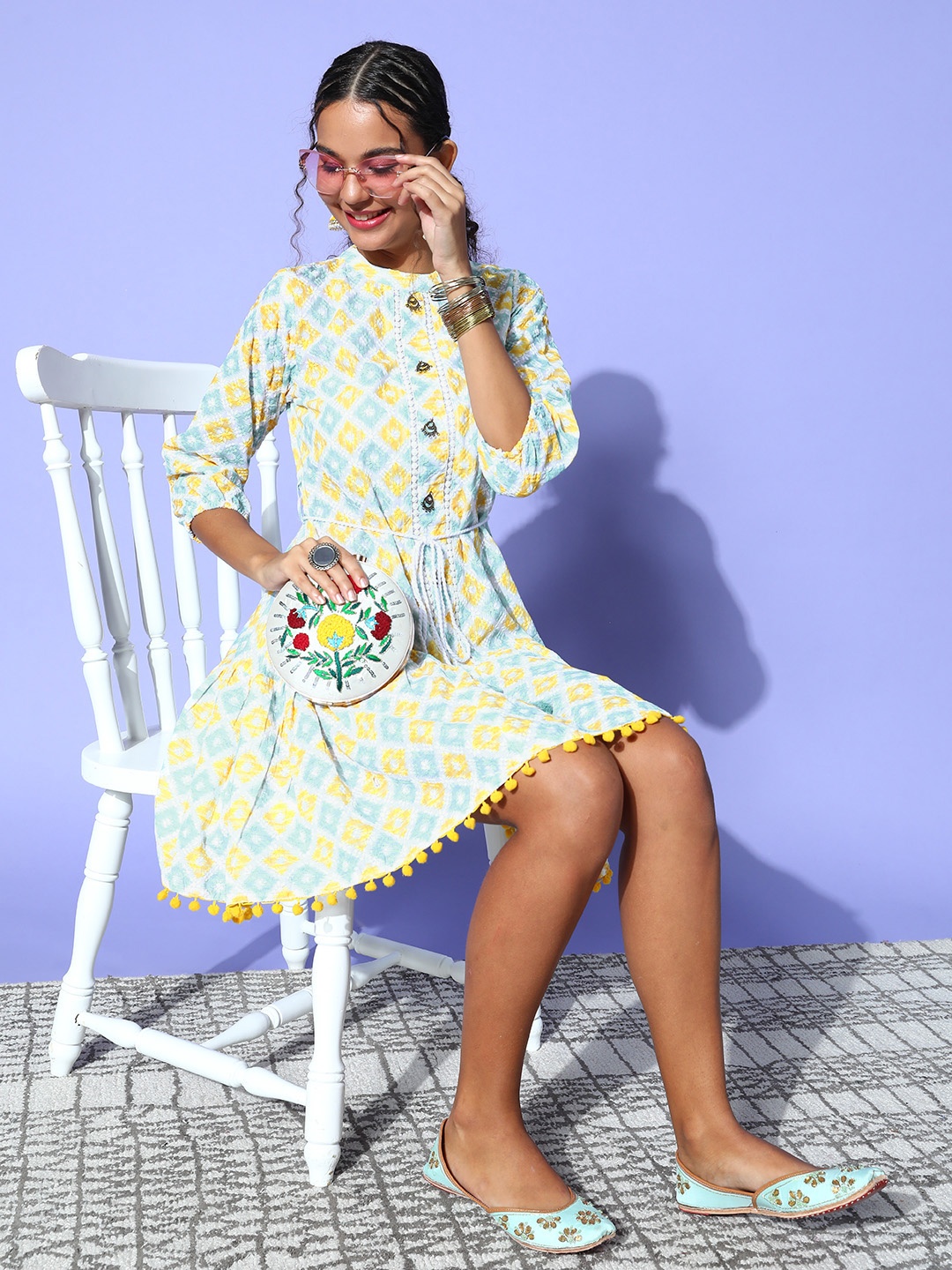 

ZOLA Turquoise Blue & Yellow Ethnic A-Line Dress
