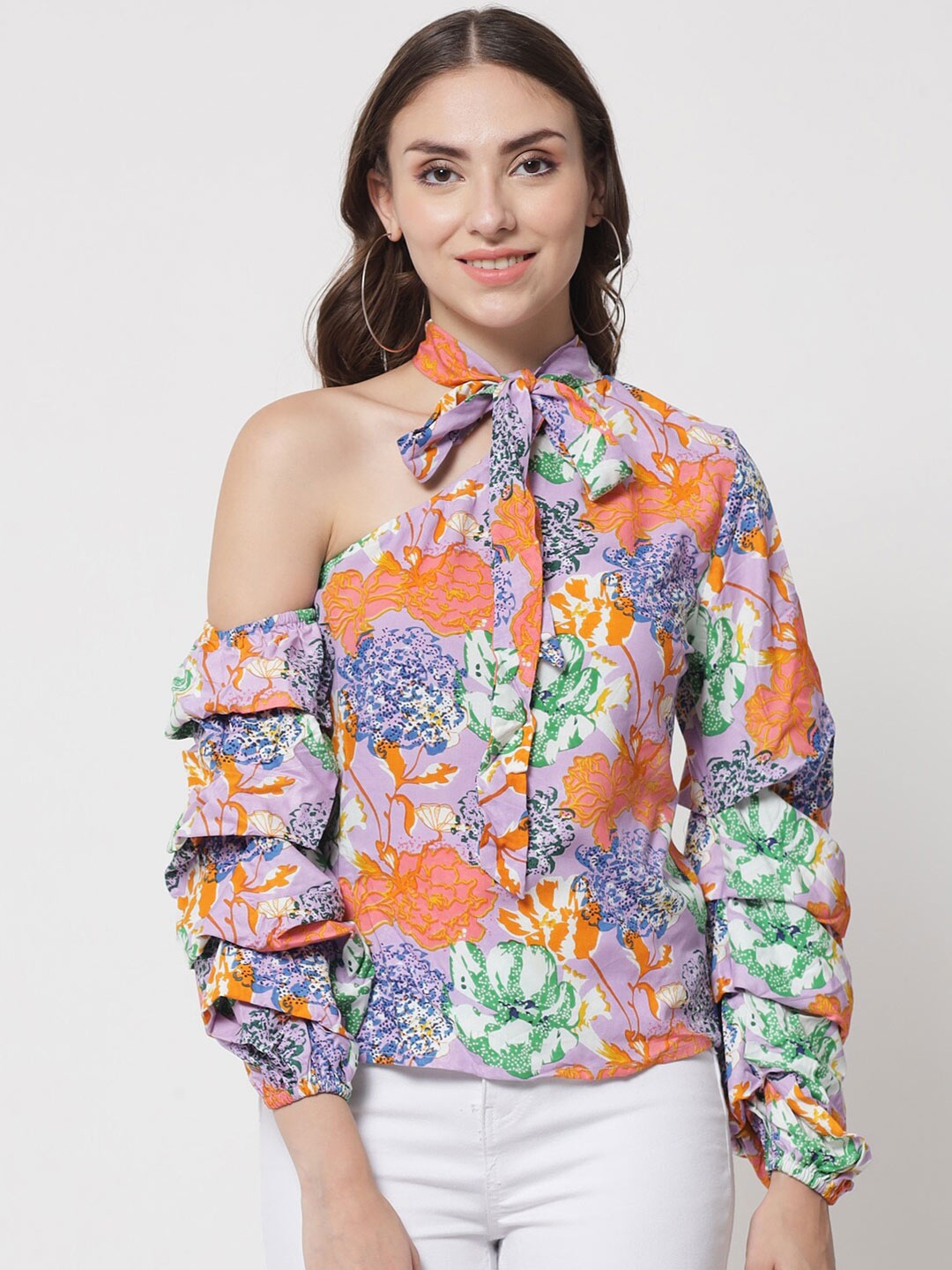 

The Dry State Orange & Green Floral Print Tie-Up Neck Top