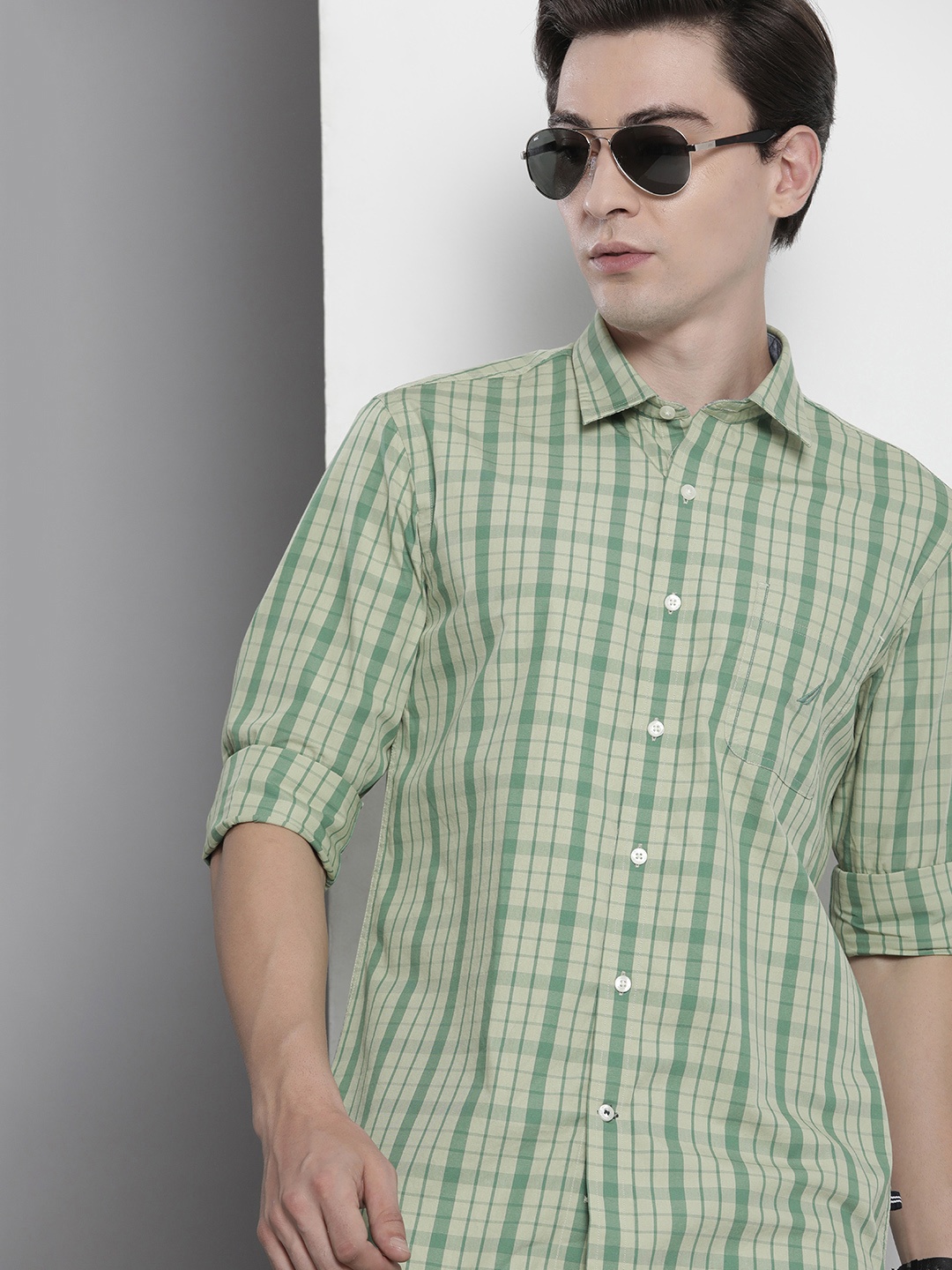 

Nautica Men Green Other Checkes Pure Cotton Casual Shirt