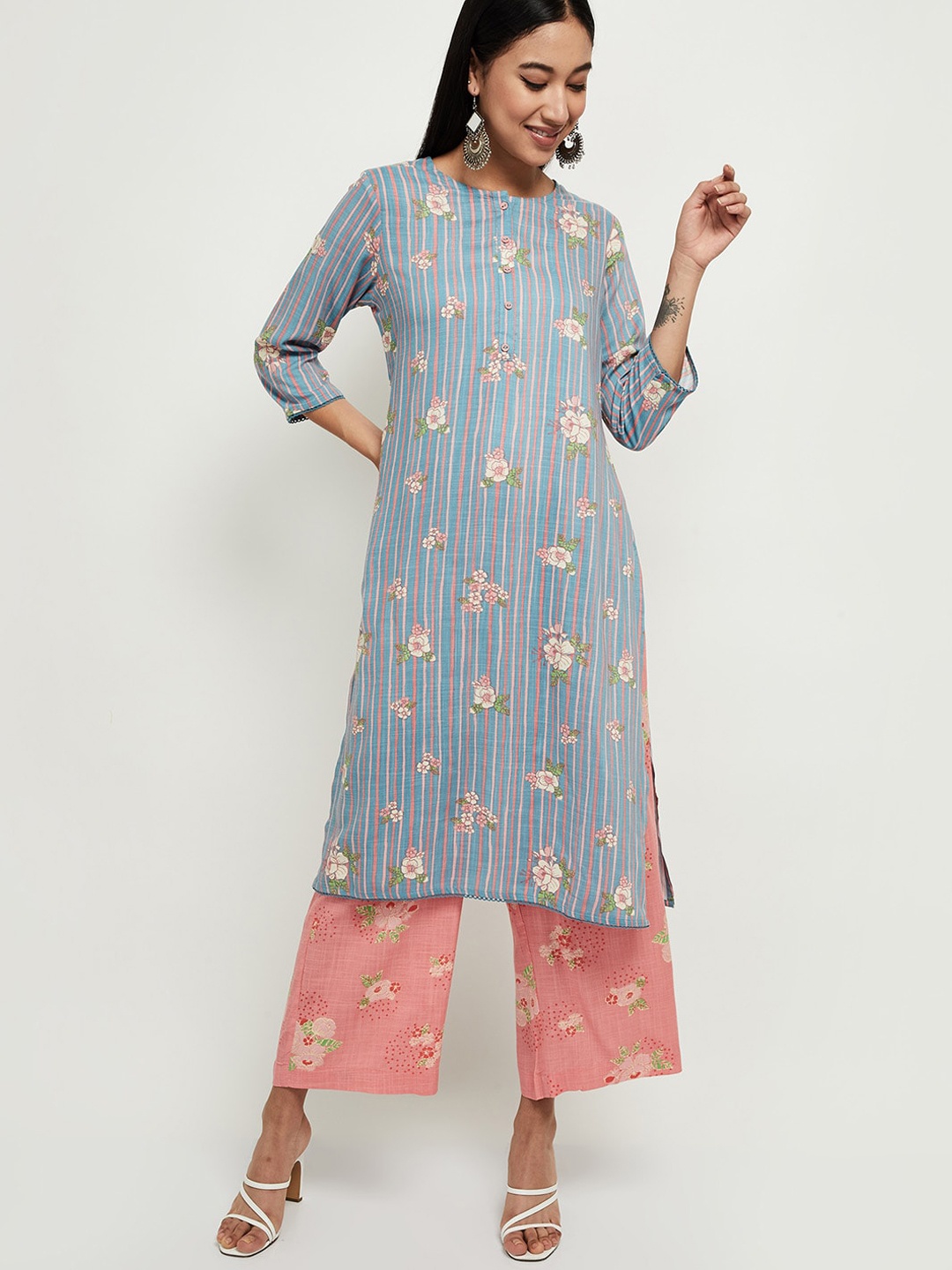 

max Women Blue Floral Striped Kurta with Palazzos