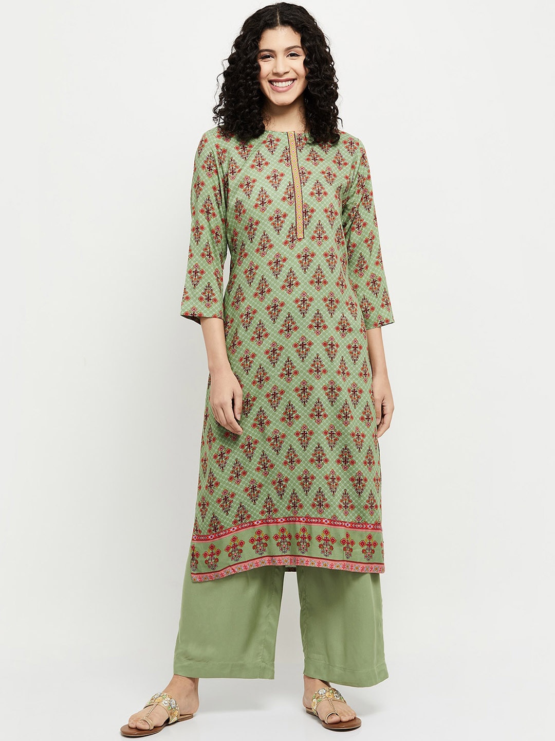 

max Women Green Ethnic Motifs Printed Kurta with Trousers