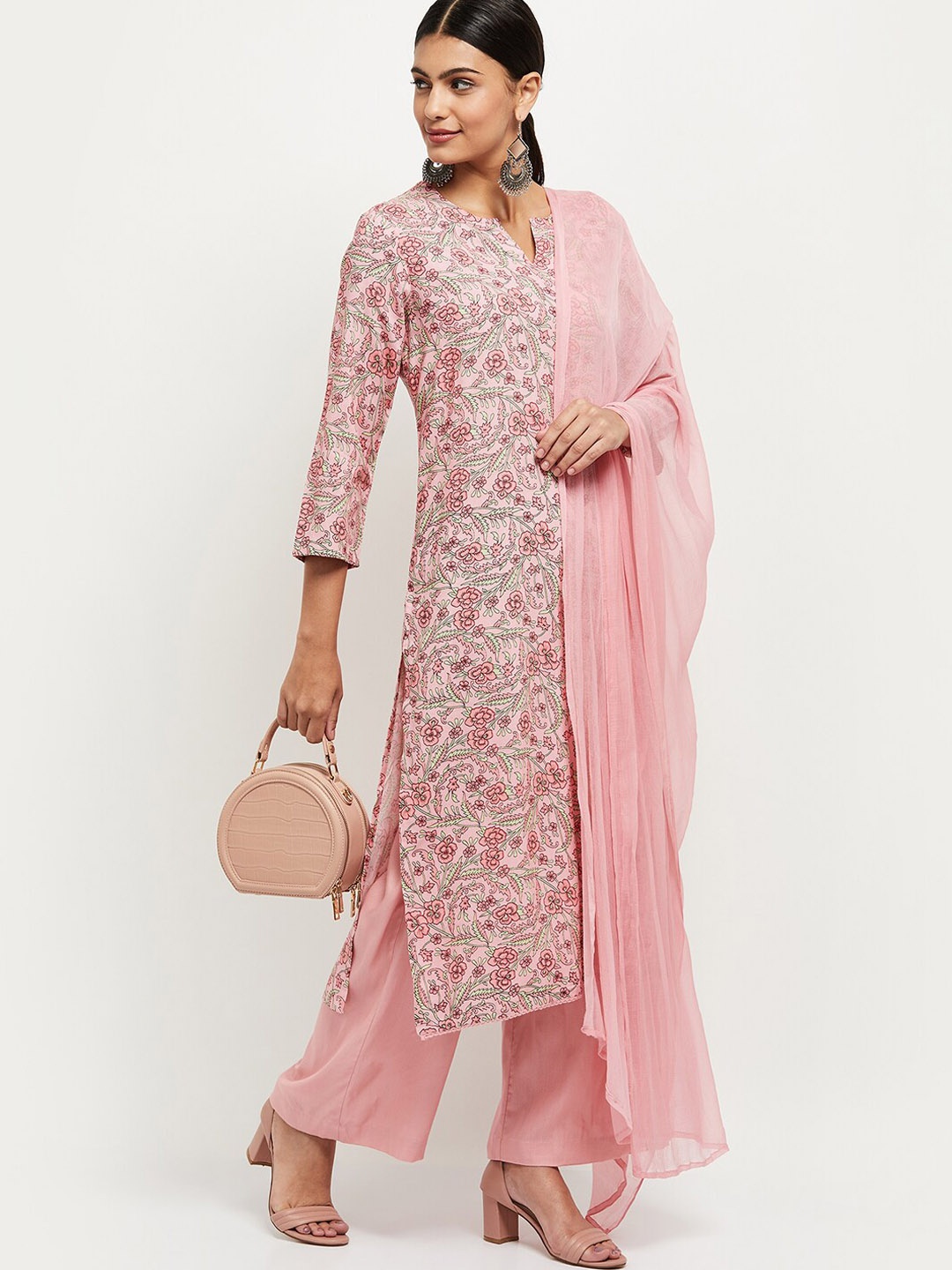 

max Women Pink & Green Floral Printed Kurta with Palazzos & Dupatta