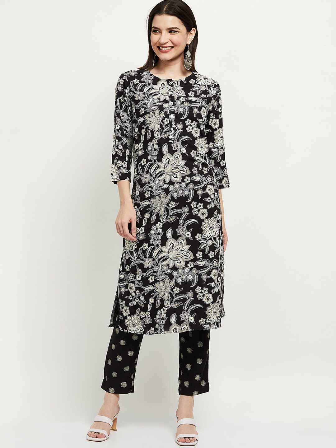 

max Women Black Ethnic Motifs Printed Pure Cotton Kurta with Trousers