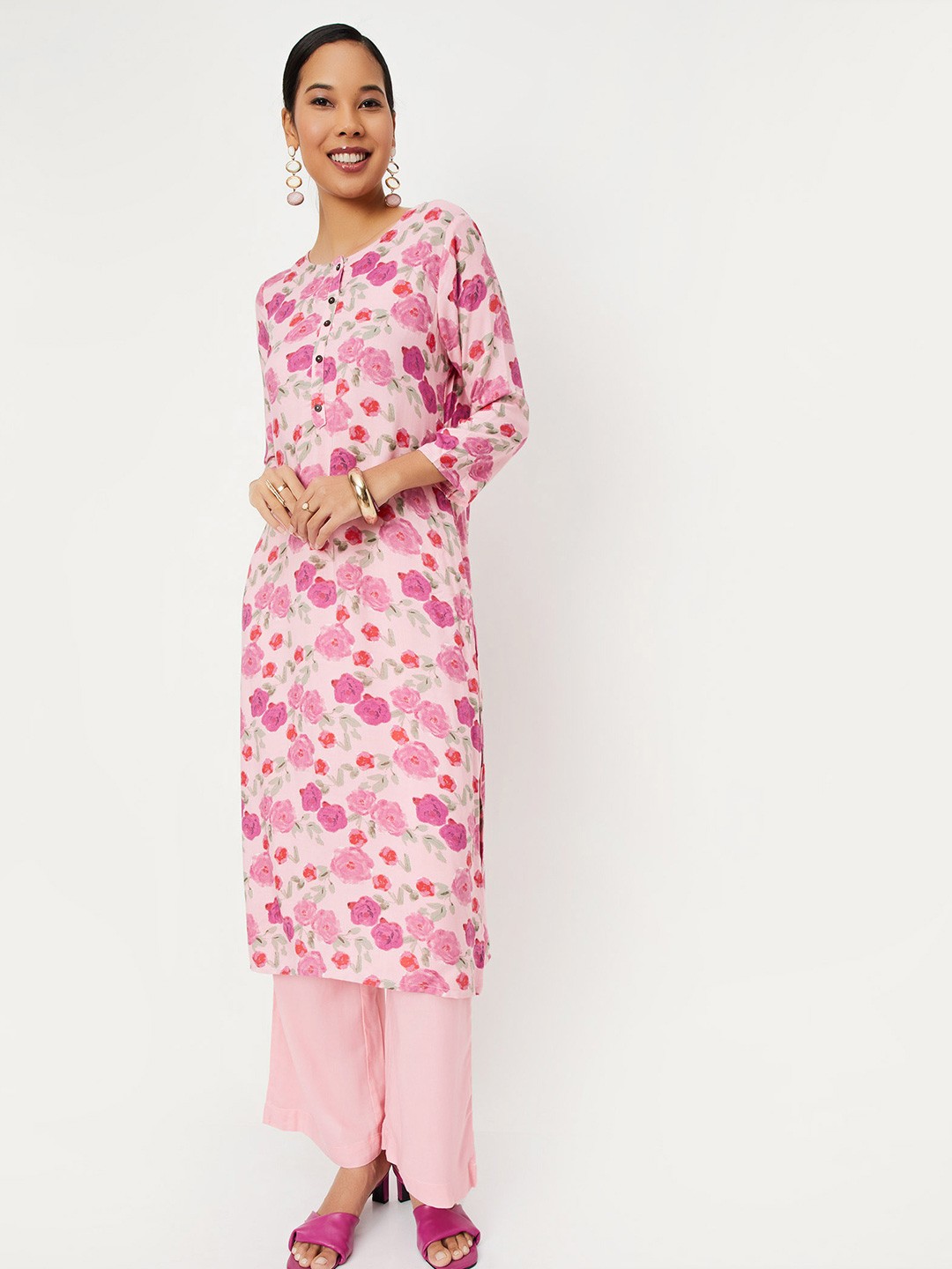 

max Women Pink Floral Printed Pure Cotton Straight Kurta with Palazzos