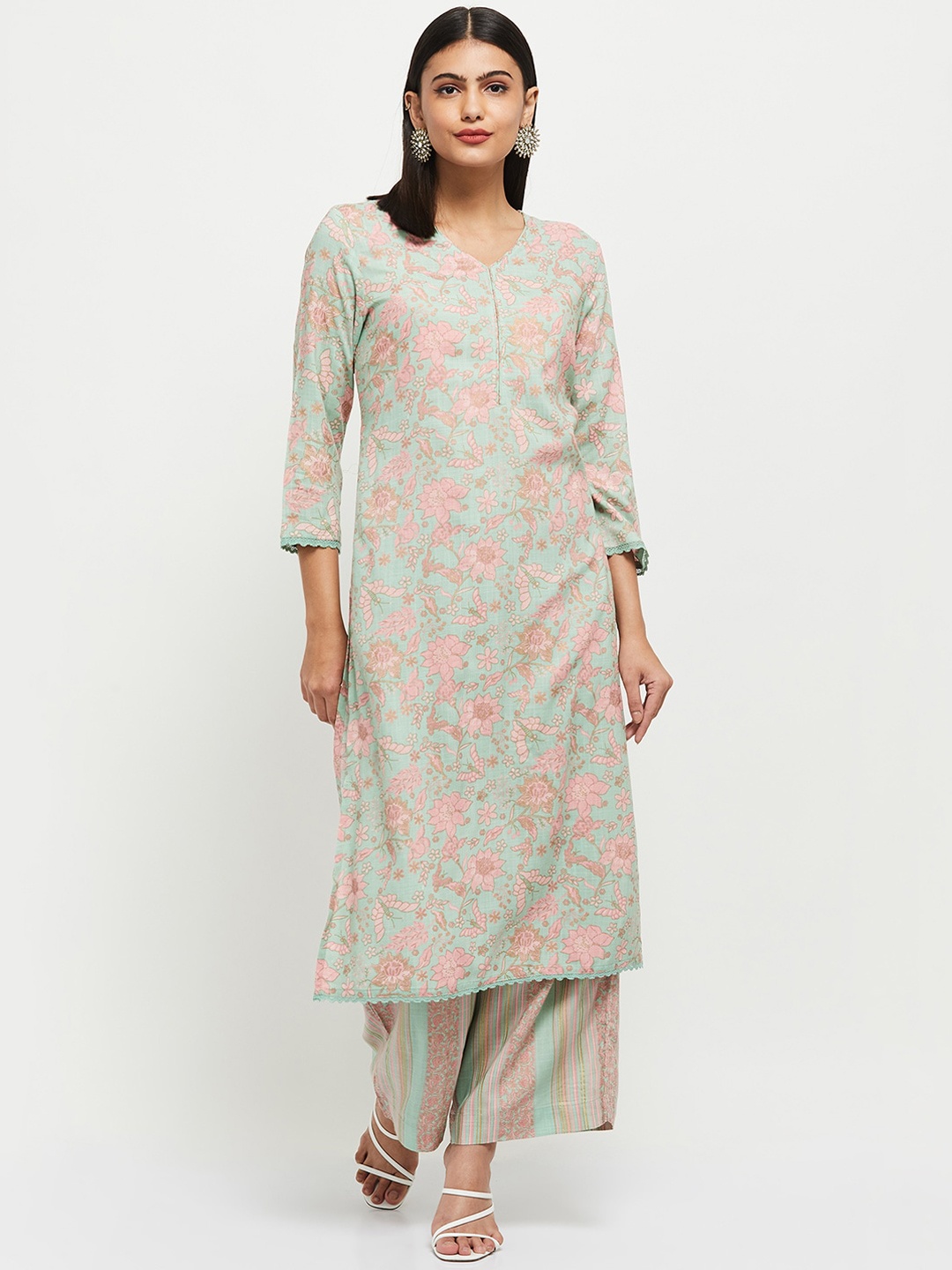 

max Women Sea Green & Pink Floral Printed Kurta with Palazzos