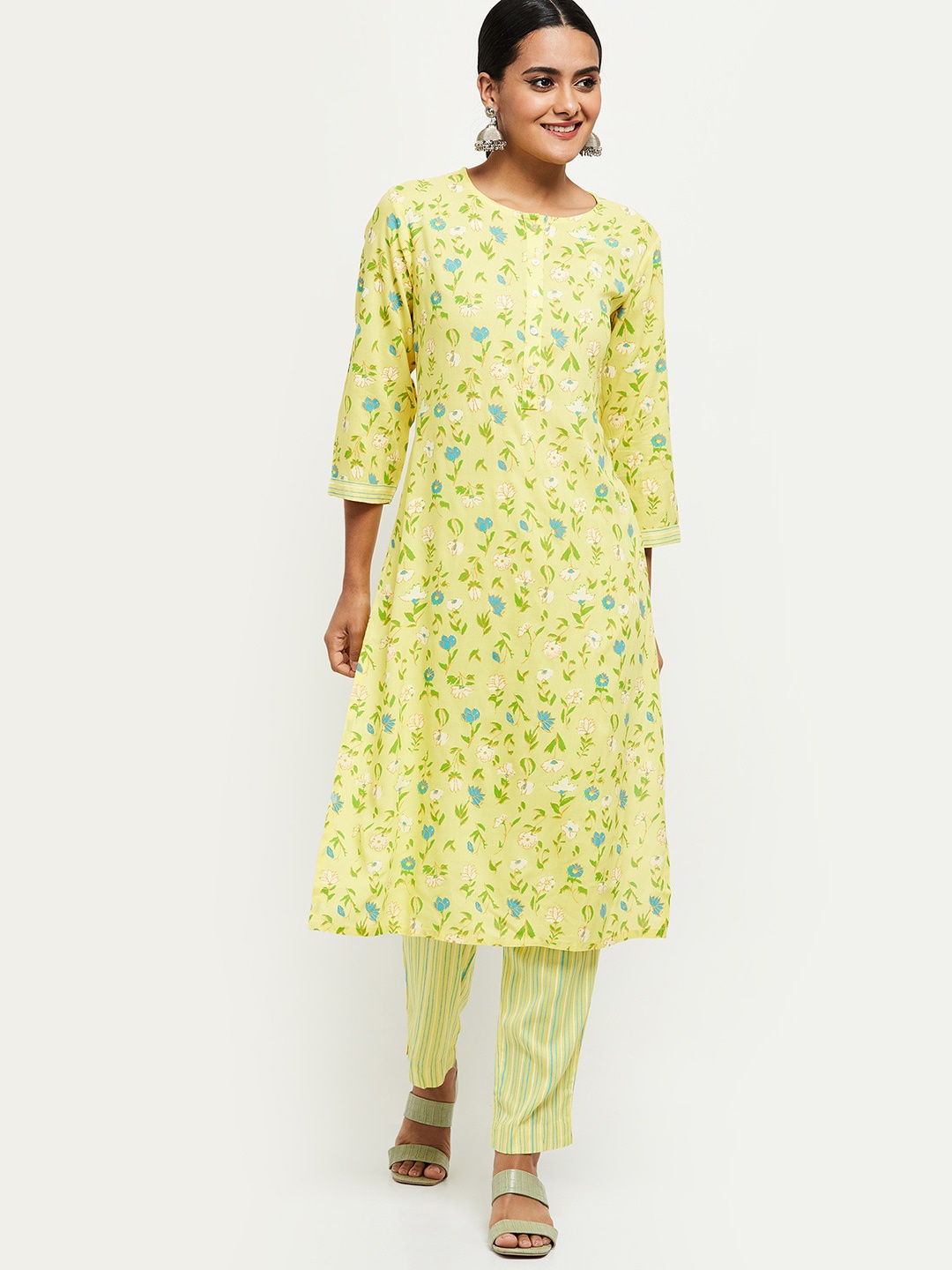 

max Women Yellow Floral Printed Pure Cotton Kurta with Trousers